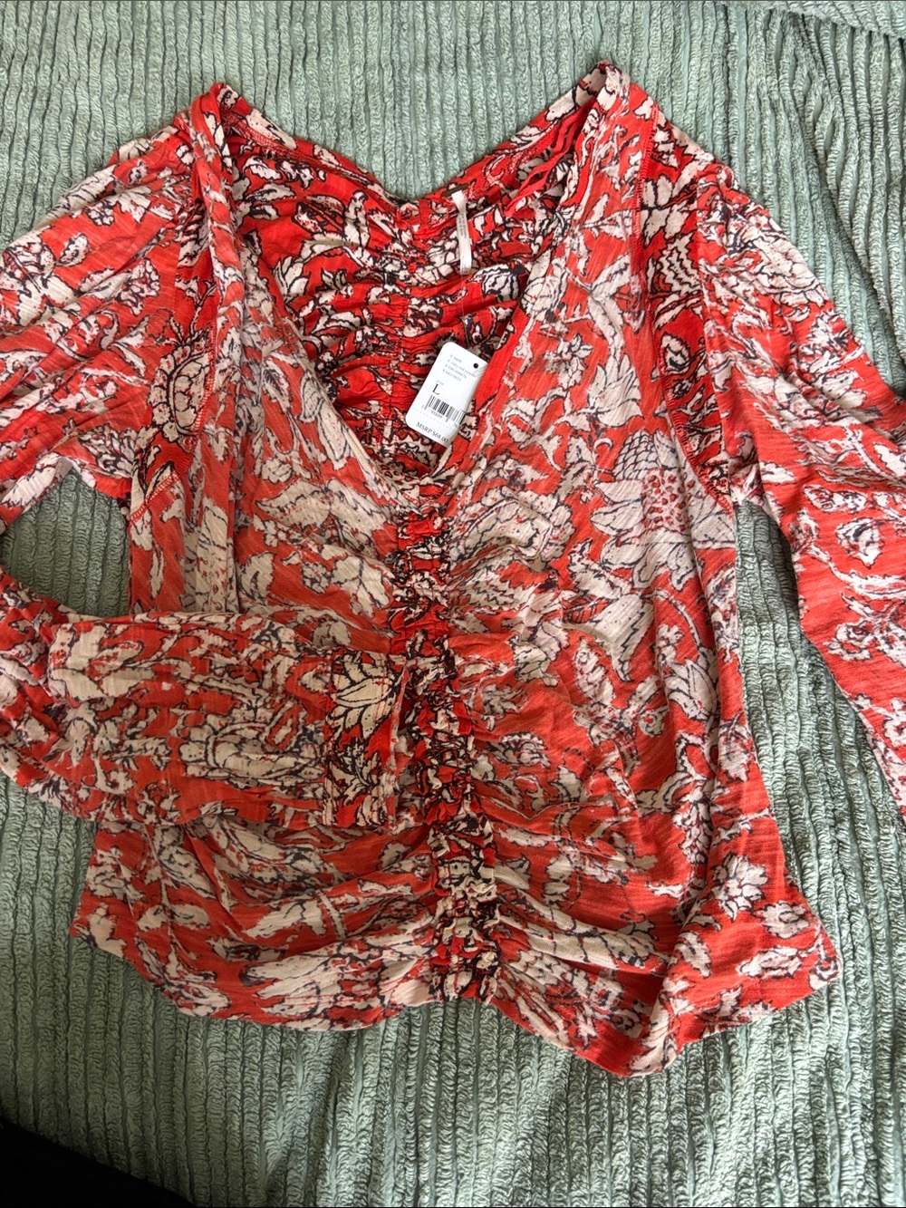Free People Red Floral Ruching V-Neck Long Sleeve Top